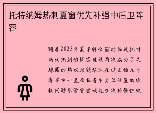 托特纳姆热刺夏窗优先补强中后卫阵容 托特纳姆热刺夏窗优先补强中后卫阵容